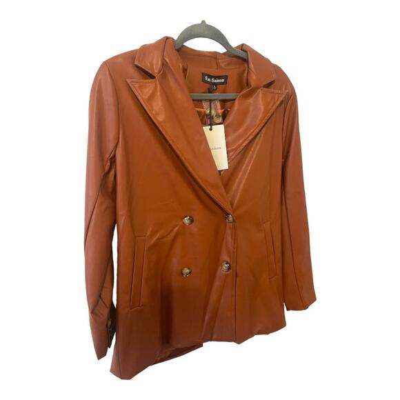 En Saison Faux Leather Oversized Blazer Jacket Double Breasted Rust Brown Small - Picture 7 of 12
